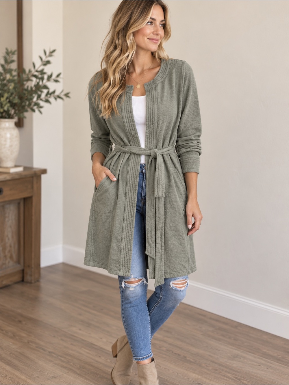 Madewell Olive Green Belted Open-Front Cardigan